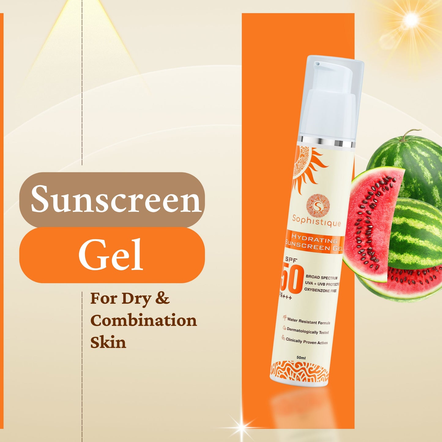 Hydrating Sunscreen Gel by Sophistique | SPF 50 | PA +++ | non Stickey | UVA & UVB Protection