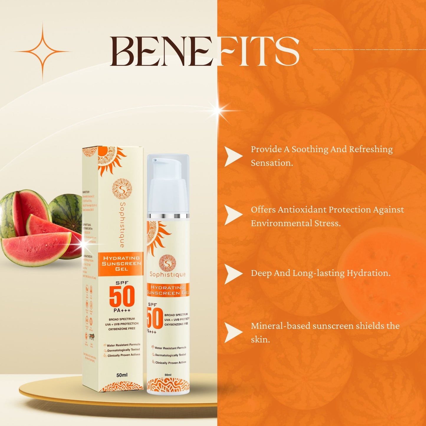 Hydrating Sunscreen Gel by Sophistique | SPF 50 | PA +++ | non Stickey | UVA & UVB Protection