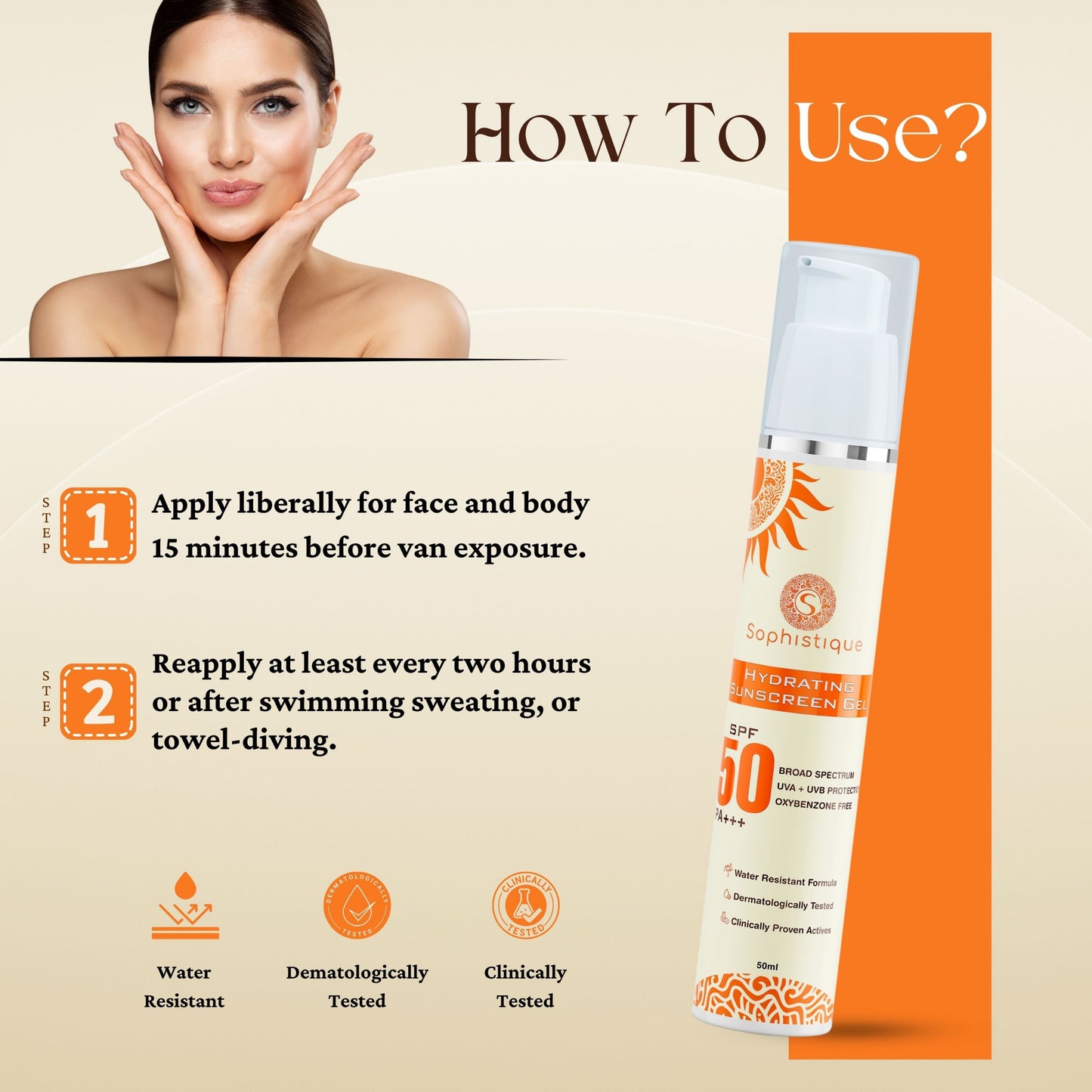 Hydrating Sunscreen Gel by Sophistique | SPF 50 | PA +++ | non Stickey | UVA & UVB Protection