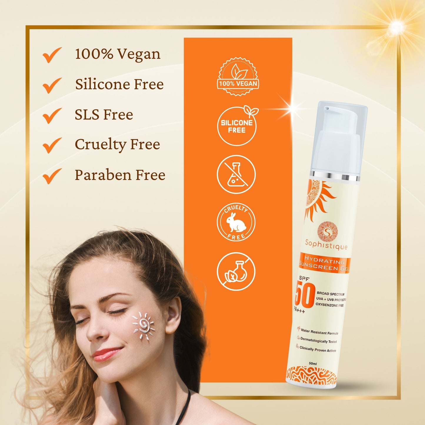 Hydrating Sunscreen Gel by Sophistique | SPF 50 | PA +++ | non Stickey | UVA & UVB Protection
