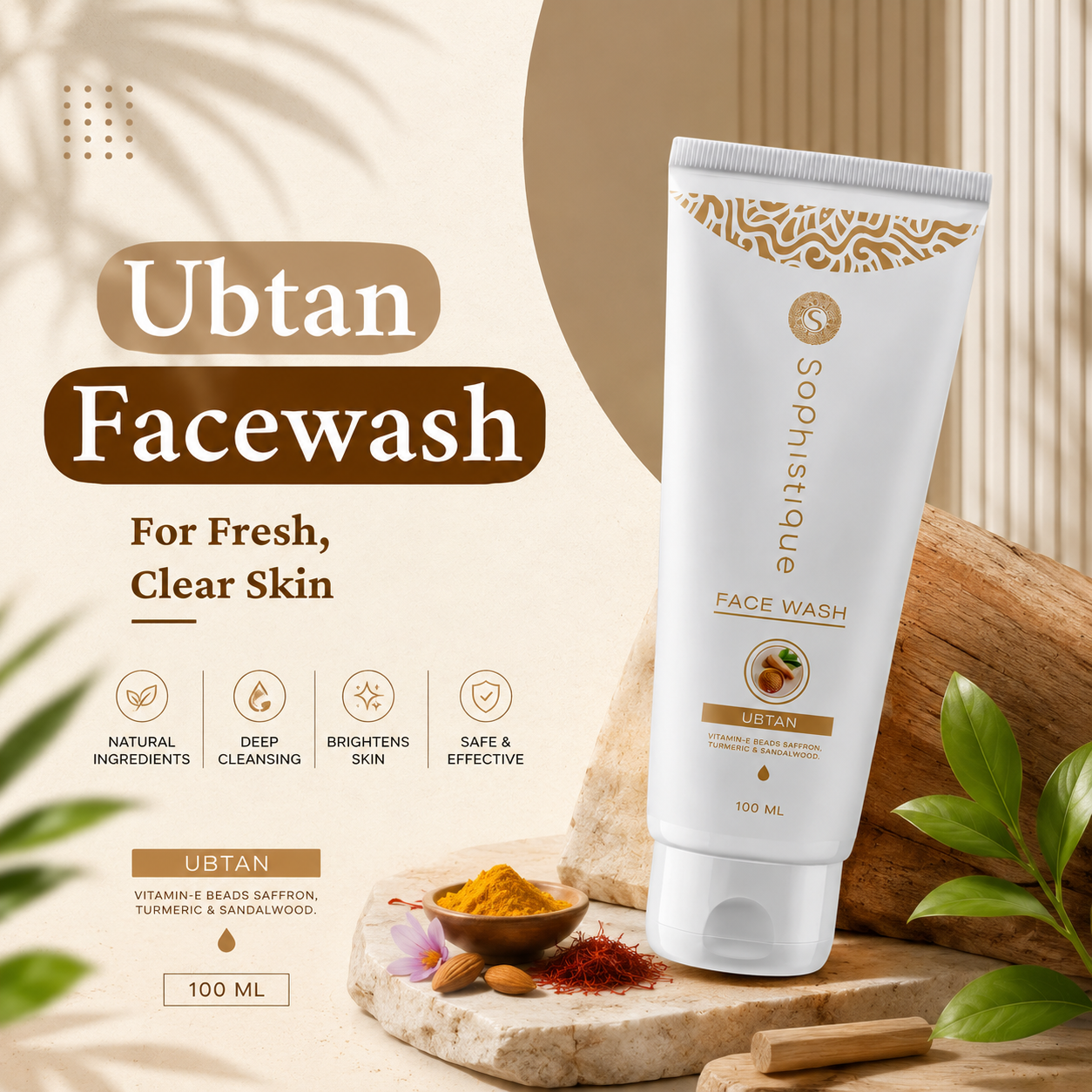 Sophistique Ubtan Facewash with Jojoba Beads, Saffron & Sandalwood Oil | Brightens Skin | Removes Tan