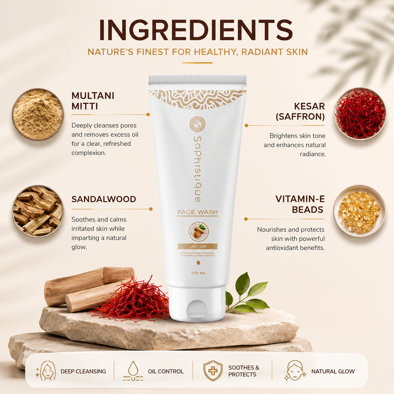 Sophistique Ubtan Facewash with Jojoba Beads, Saffron & Sandalwood Oil | Brightens Skin | Removes Tan