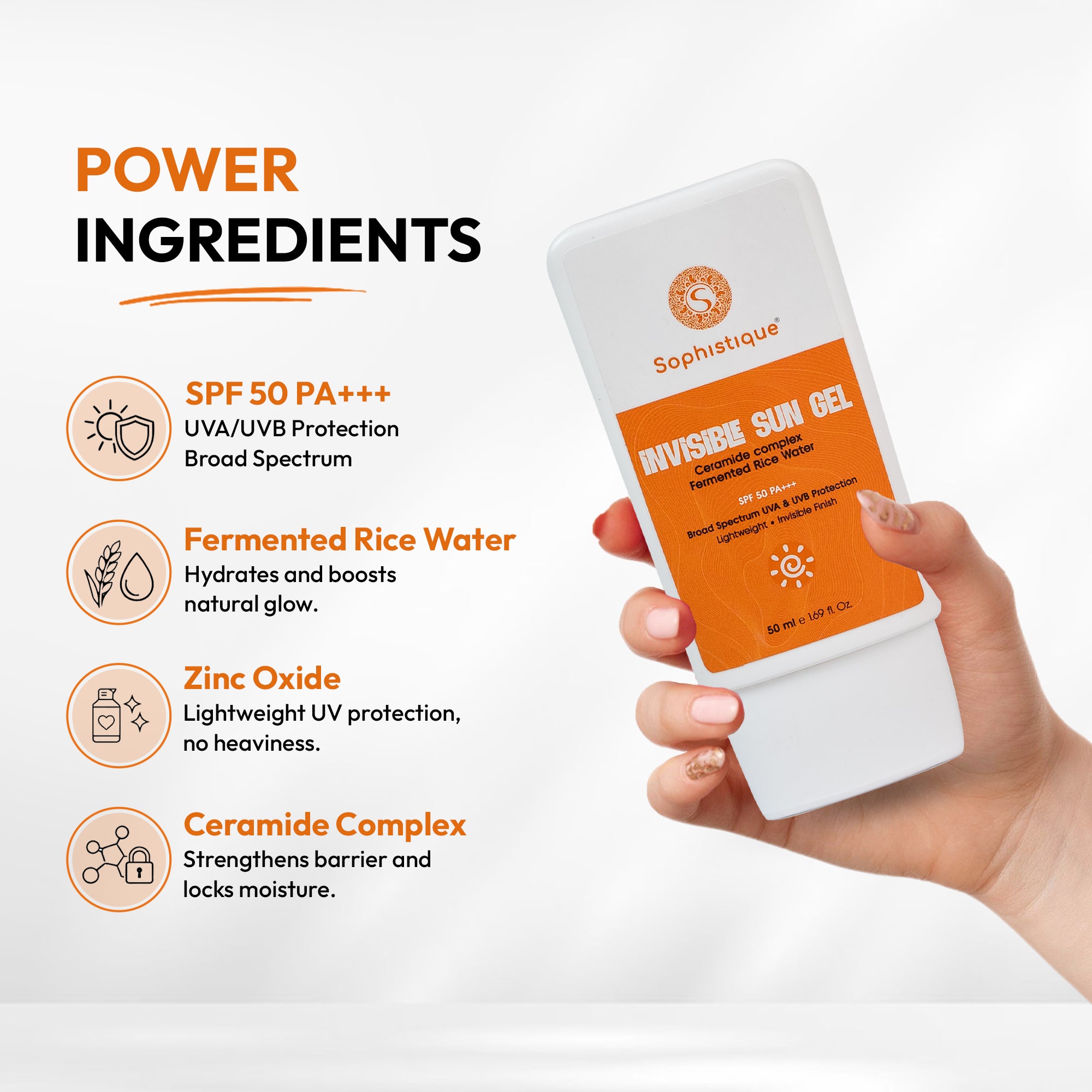 Sophistique Sunscreen SPF 50 PA+++ with Zinc Oxide, Vitamin E & Aloe Vera | Broad Spectrum UV Protection | No White Cast